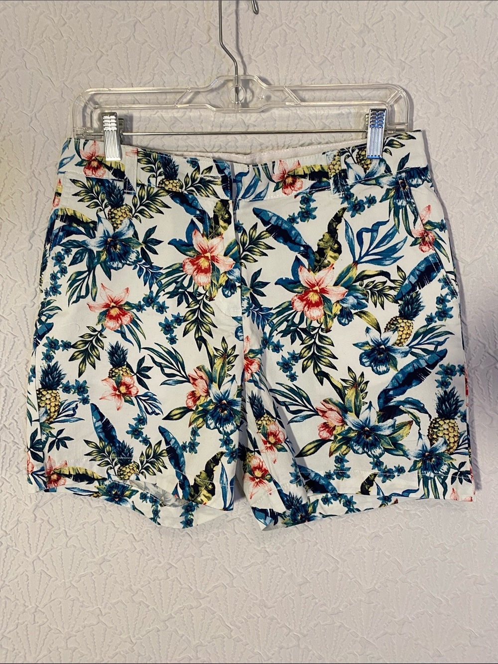 Caribbean Joe White Tropical Floral Bermuda Shorts with Blue & Green Print